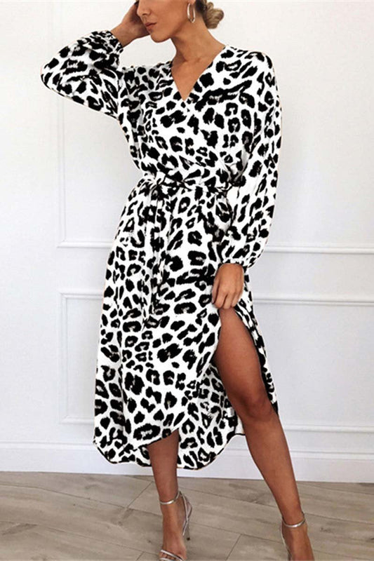 Robe Midi Avec Col En V, Imprimé Léopard Et Ceinture Pour Femme | Idéale Pour Les Sorties Et Événements
