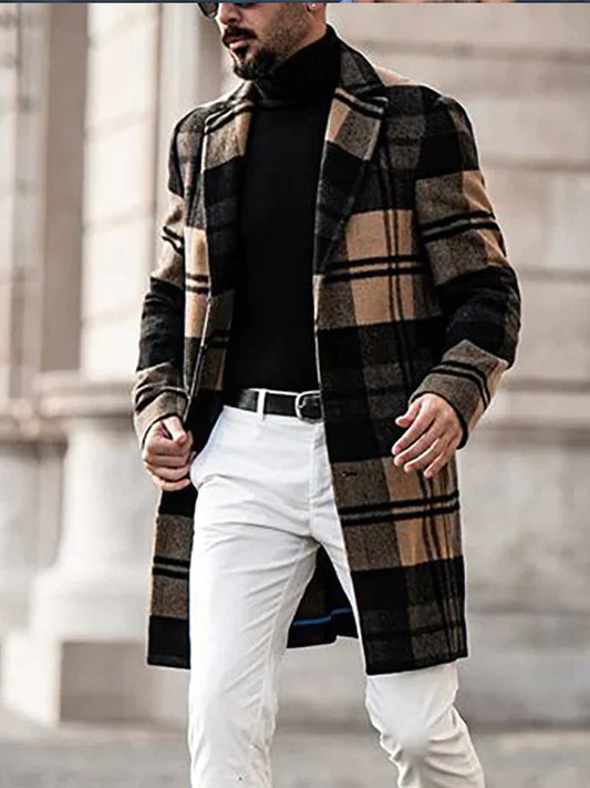 Manteau d’Hiver Mi-Long à Carreaux avec Manches Longues pour Hommes | Idéal pour les Journées Froides