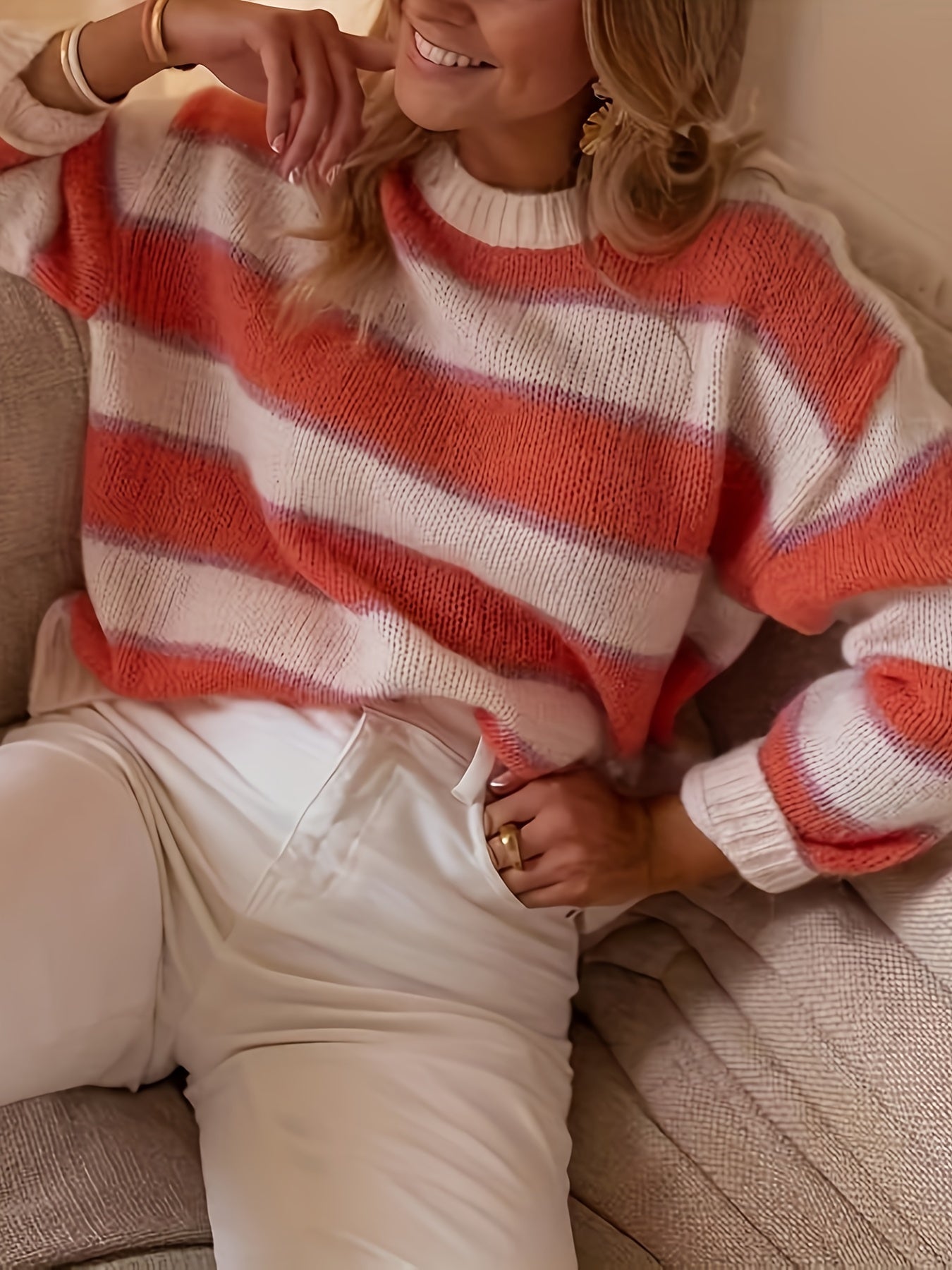 Pull À Rayures avec Col Rond Et Manches Longues pour Femme | Idéal pour L’Automne Et L’Hiver