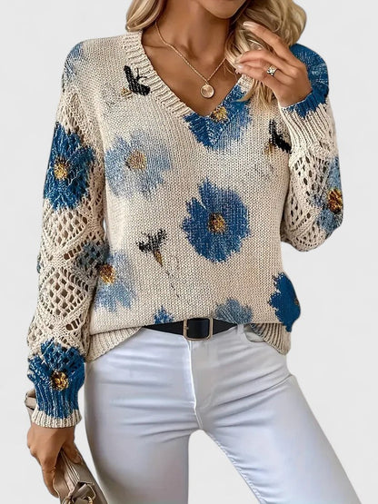Pull À Motif Floral Avec Col En V Et Manches Longues Pour Femmes | Idéal Pour Le Quotidien