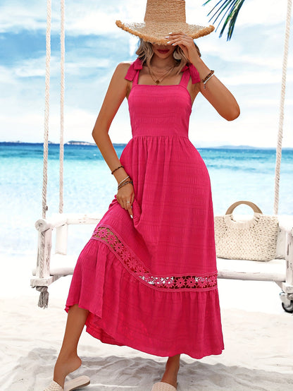 Robe Longue Rouge avec Détails en Dentelle et Nœuds pour Femmes | Idéale pour les Occasions Spéciales