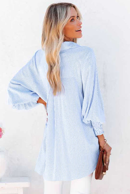 Chemise Mi-Longue Avec Col À Revers Rayé Et Manches Oversize Resserées Pour Femme | Idéale Pour Le Printemps Et L’Été