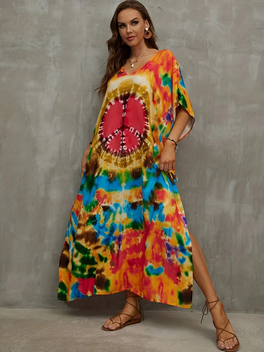 Caftan Long Coloré avec Motif Peace pour Femme | Idéal pour l’Été