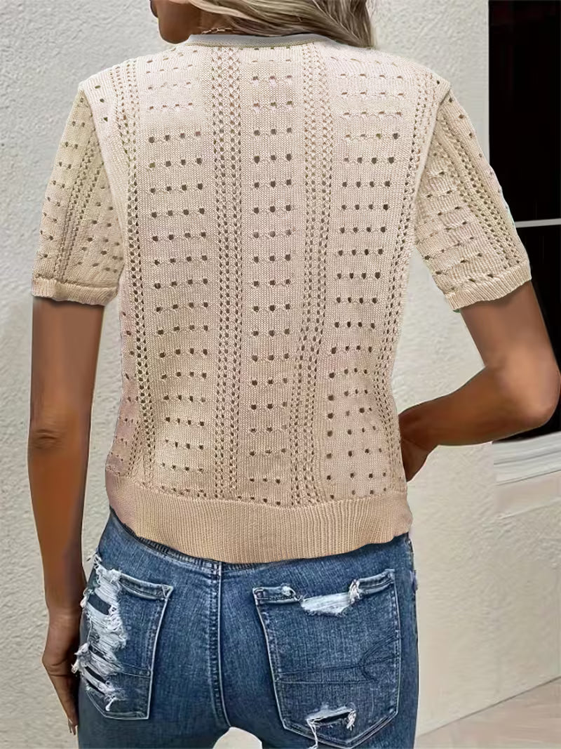 Cardigan court à col V ajouré et boutonné à manches courtes pour femme | Idéal pour le printemps et l’été