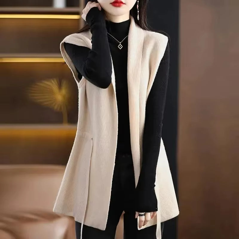 Gilet sans manches à col V en maille côtelée avec ceinture à nouer pour femme | Idéal pour l’automne