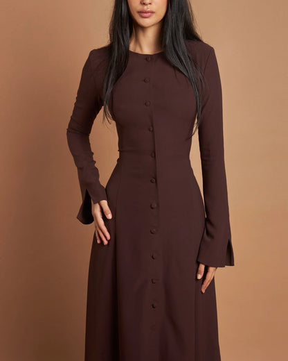 Robe Midi Boutonnée Avec Taille Cintrée Et Manches Longues Pour Femmes | Adaptée Aux Tenues Quotidiennes