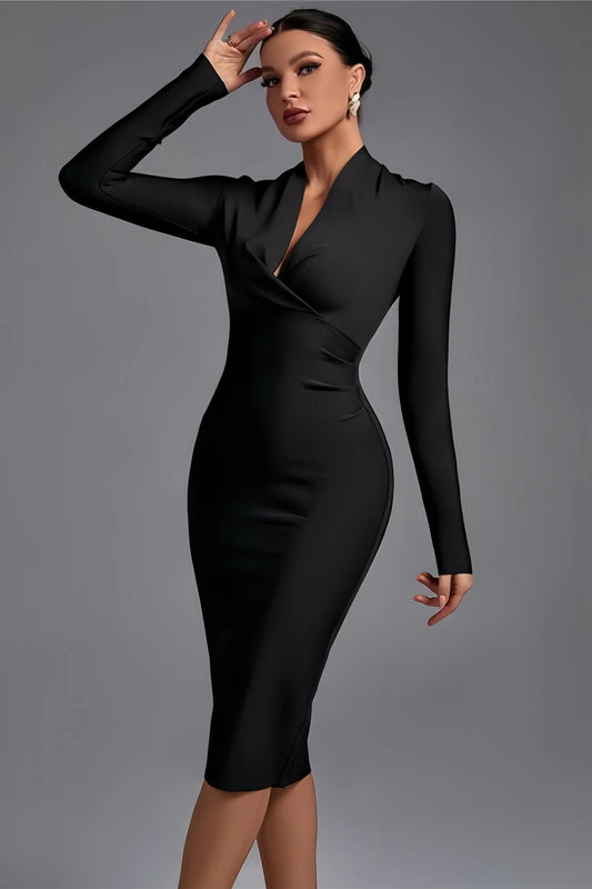 Robe Portefeuille Midi Noire Avec Coupe Ajustée Pour Femme | Idéal Pour Usage Quotidien Et Occasions