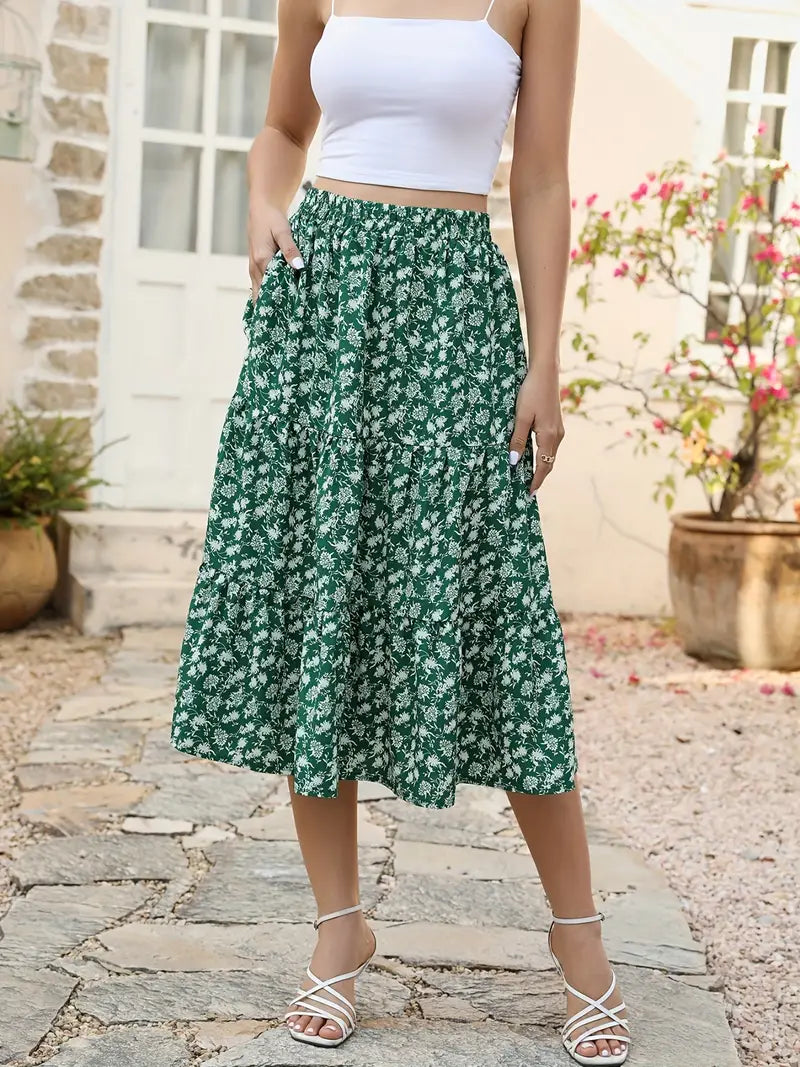 Jupe Évasée à Imprimé Floral avec Poches pour Femme | Idéale pour le Printemps et l'Été