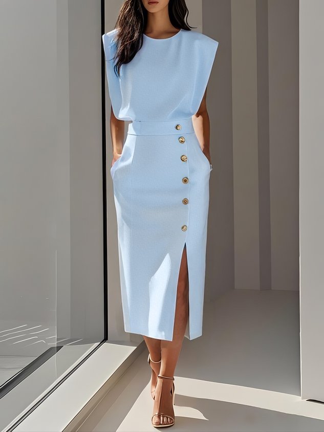 Robe Midi Sans Manches Avec Boutons Pour Femme | Idéale Pour Usage Quotidien Et Occasions