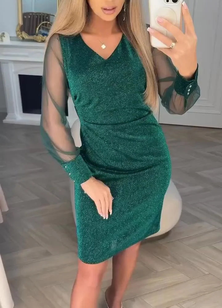 Robe Midi Patchwork À Col V Et Manches Longues Pour Femme | Idéal Pour Usage Quotidien Et Occasions