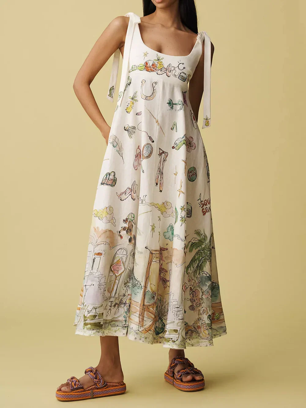 Robe Midi Inspirée Ballet avec Motifs Imprimés et Ceinture à Nouer pour Femme | Idéale pour Événements et Usage Quotidien