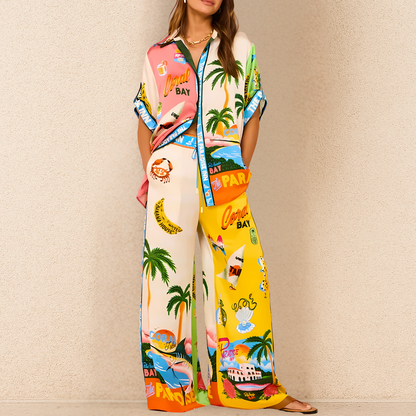 Ensemble Deux Pièces avec Haut à Manches Courtes et Pantalon Large pour Femme | Idéal pour les Journées Décontractées