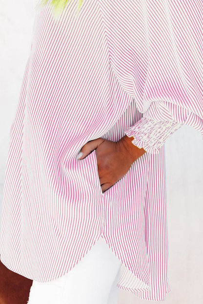 Chemise Mi-Longue Avec Col À Revers Rayé Et Manches Oversize Resserées Pour Femme | Idéale Pour Le Printemps Et L’Été