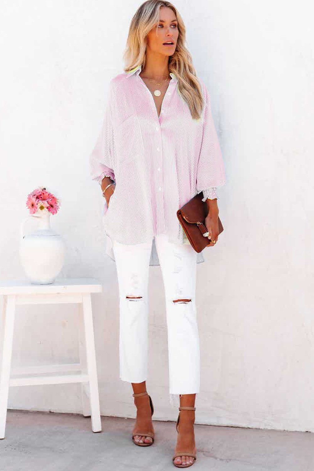 Chemise Mi-Longue Avec Col À Revers Rayé Et Manches Oversize Resserées Pour Femme | Idéale Pour Le Printemps Et L’Été