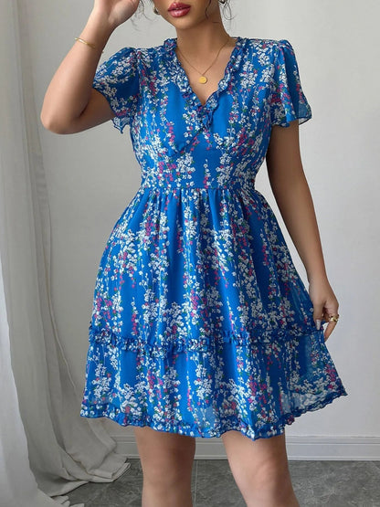 Robe Courte Fleurie à Décolleté en V Croisé et Manches Volantes pour Femme | Idéale pour les Sorties d’Été