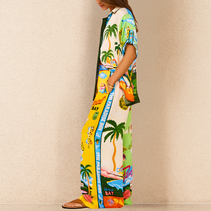 Ensemble Deux Pièces avec Haut à Manches Courtes et Pantalon Large pour Femme | Idéal pour les Journées Décontractées