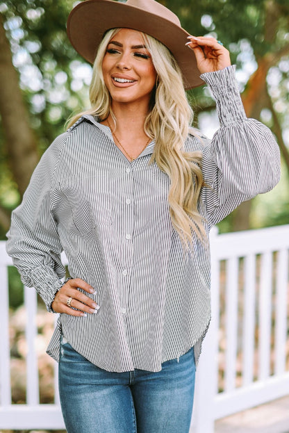 Chemise Mi-Longue Avec Col À Revers Rayé Et Manches Oversize Resserées Pour Femme | Idéale Pour Le Printemps Et L’Été