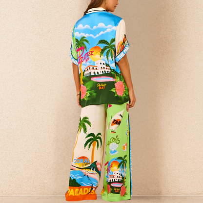 Ensemble Deux Pièces avec Haut à Manches Courtes et Pantalon Large pour Femme | Idéal pour les Journées Décontractées