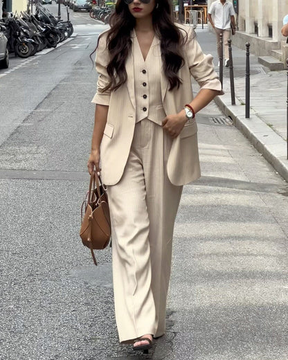 Ensemble Tailleur avec Pantalon Évasé, Gilet Boutonné Et Veste Structurée pour Femme | Idéal pour Le Bureau Et Les Événements Formels
