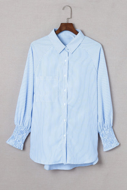 Chemise Mi-Longue Avec Col À Revers Rayé Et Manches Oversize Resserées Pour Femme | Idéale Pour Le Printemps Et L’Été
