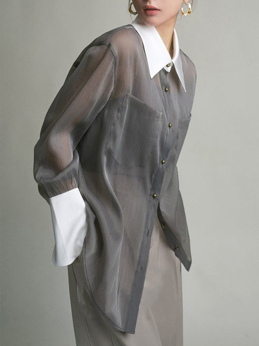 Chemise Transparente À Coupe Fluide Avec Col Et Poignets Contrastés Pour Femme | Idéal Pour Les Tenues Habillées Et Professionnelles