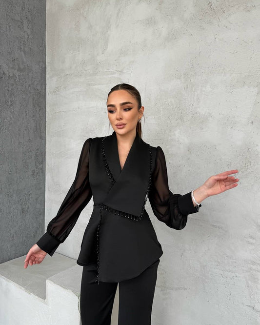 Ensemble Blazer Drapé Avec Ornements Et Pantalon Droit Pour Femme | Idéal Pour Les Événements Et Réunions