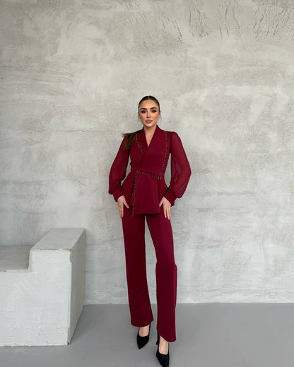 Ensemble Deux Pièces avec Blazer Drapé et Pantalon Droit pour Femme | Idéal pour les Événements Professionnels