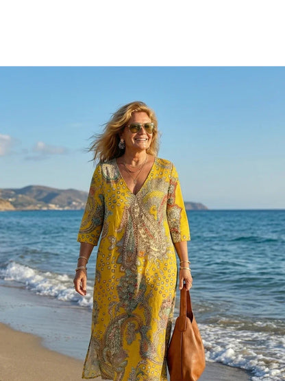 Robe midi à imprimé cachemire et col en V pour femmes | Idéal pour l’été et les vacances