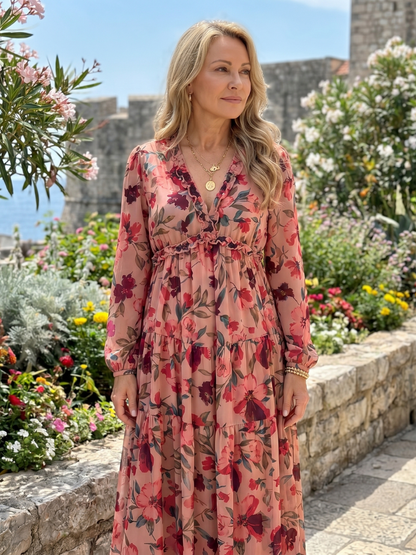 Robe longue imprimée à volants pour femmes