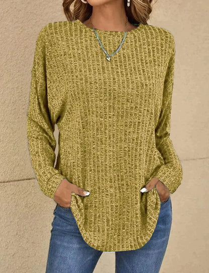 Pull En Maille Côtelée Avec Ourlet Arrondi Et Poches Latérales Pour Femme | Idéal Pour La Superposition