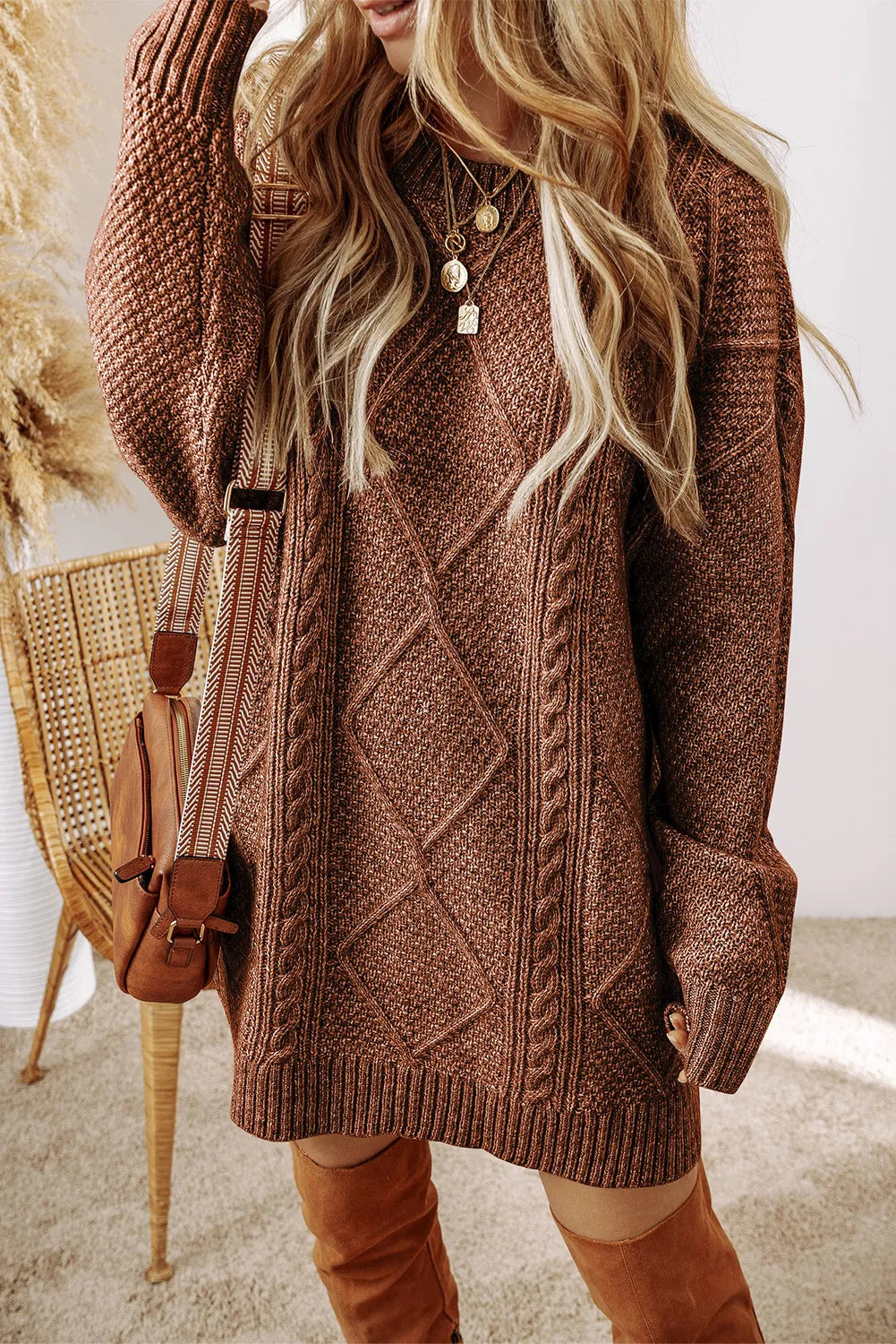 Pull Long avec Motif À Losanges pour Femme | Idéal pour La Saison Fraîche