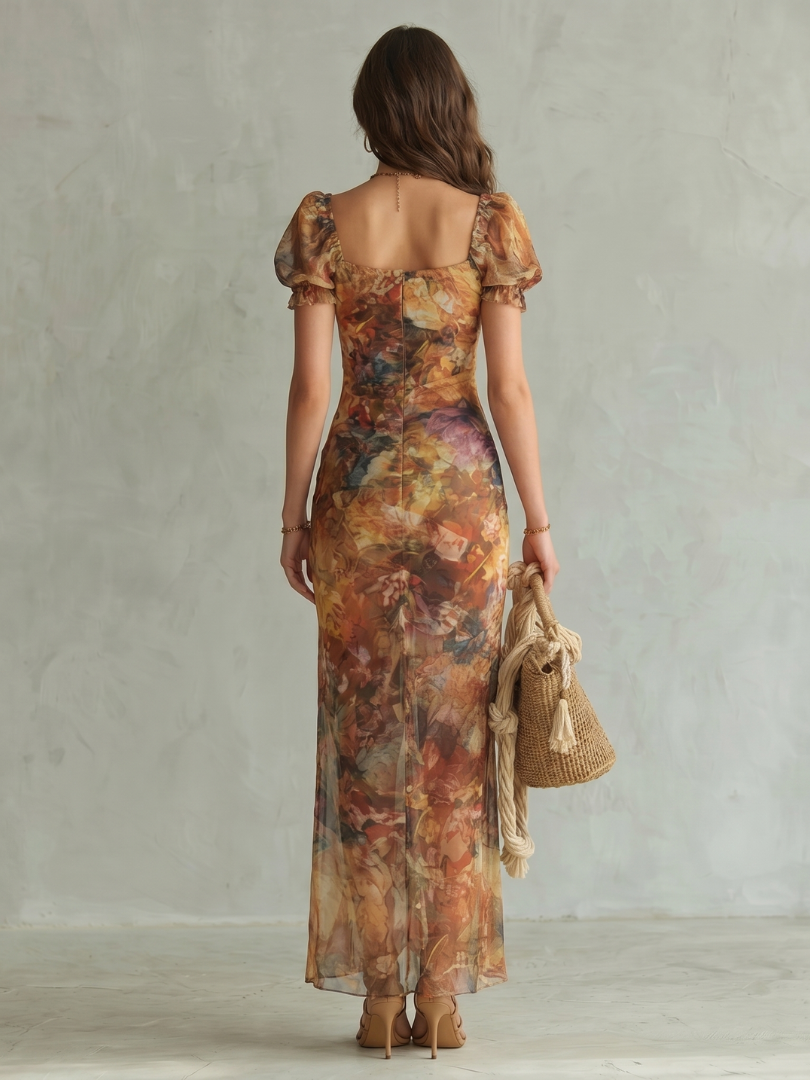 Robe midi à fente avec manches bouffantes pour femmes | Idéal pour l’été