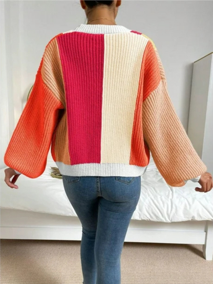 Cardigan à panneaux de couleurs contrastées et manches bouffantes pour femme | Idéal pour l’automne et les occasions décontractées