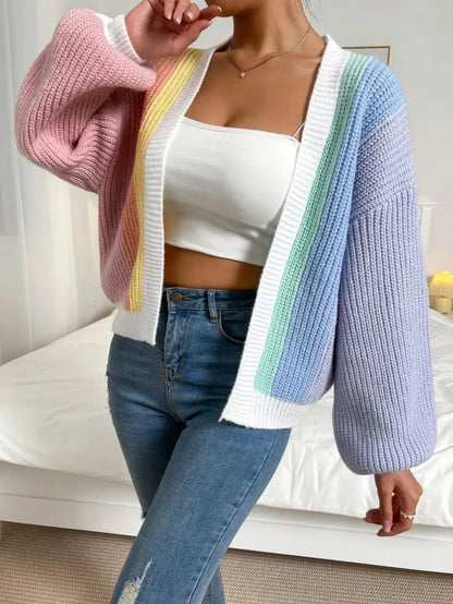 Cardigan à panneaux de couleurs contrastées et manches bouffantes pour femme | Idéal pour l’automne et les occasions décontractées