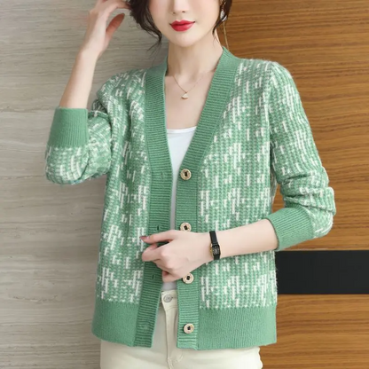 Cardigan col V motif bicolore pour femmes