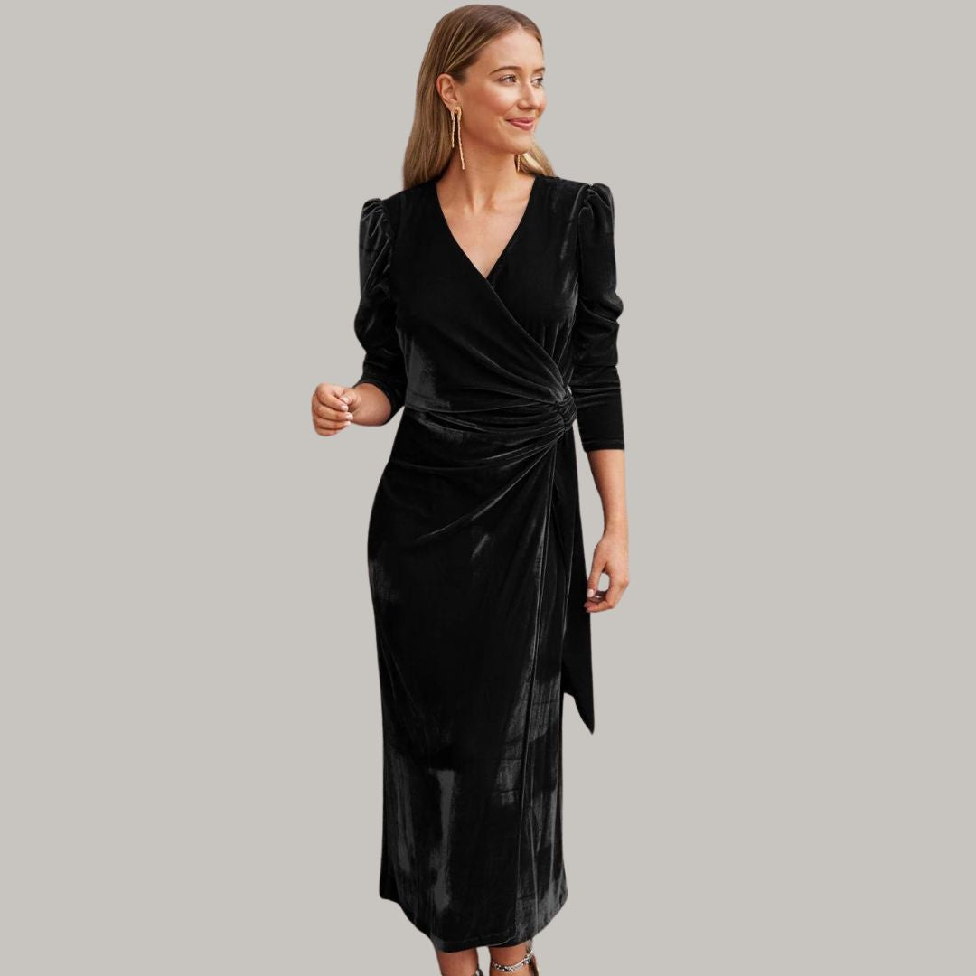 Robe Midi Portefeuille avec Manches Longues Bouffantes pour Femme | Idéale pour Soirées et Réceptions