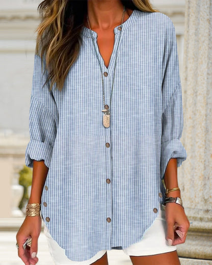 Chemise Longue à Rayures avec Boutons Latéraux pour Femme | Idéale pour un Usage Quotidien