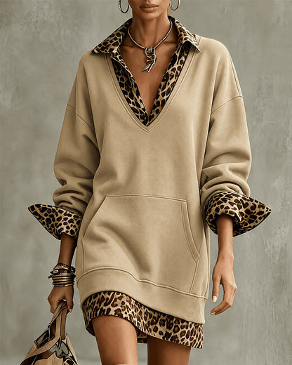 Robe sweatshirt col en V imprimé léopard pour femmes