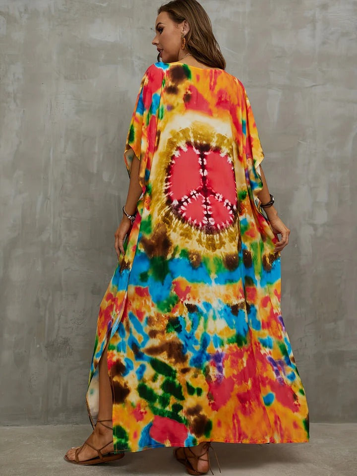 Caftan Long Coloré avec Motif Peace pour Femme | Idéal pour l’Été