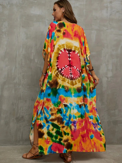 Caftan Long Coloré avec Motif Peace pour Femme | Idéal pour l’Été