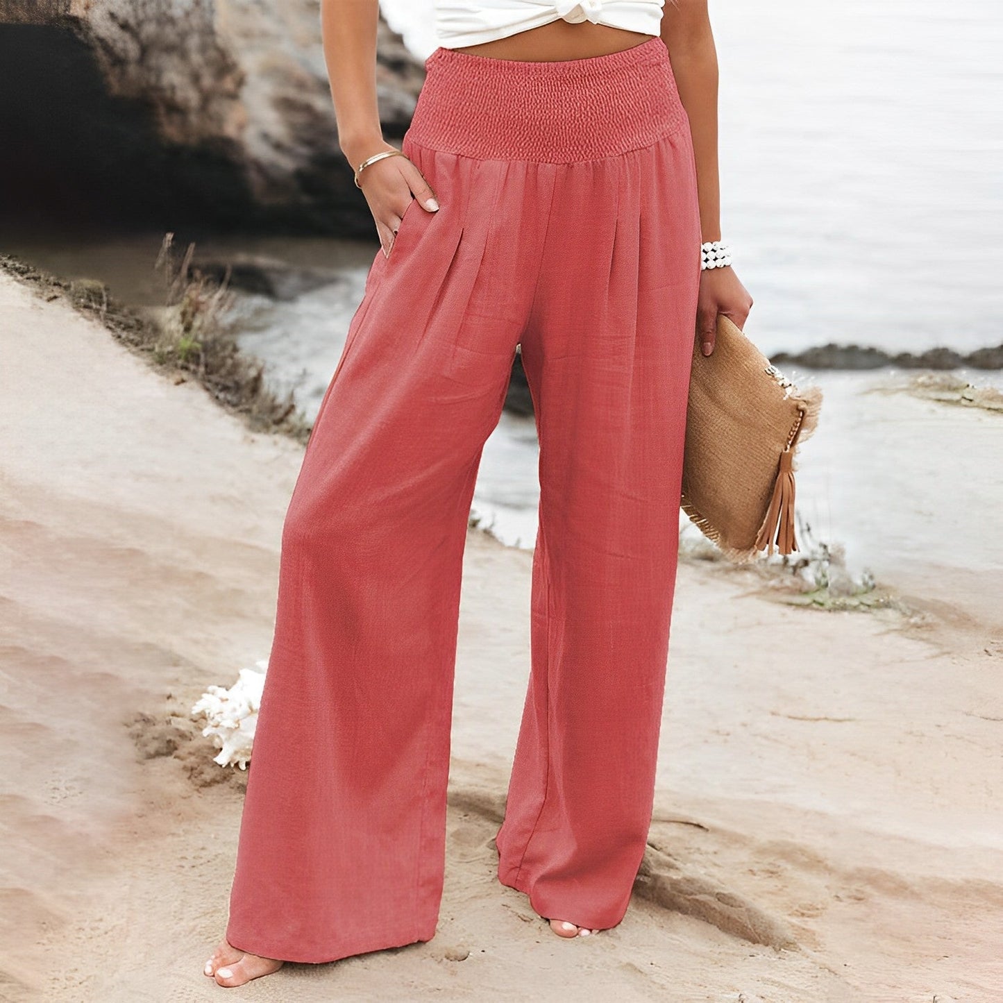 Pantalon Large avec Taille Smockée pour Femme | Idéal pour les Journées Décontractées