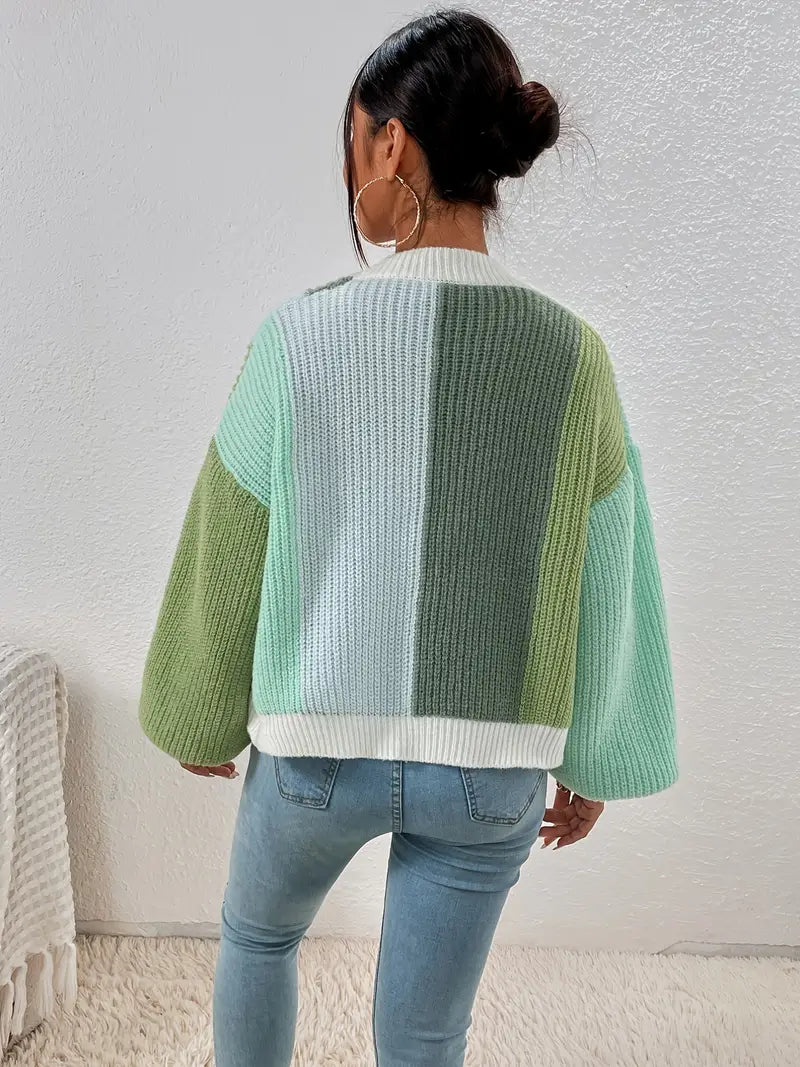 Cardigan à panneaux de couleurs contrastées et manches bouffantes pour femme | Idéal pour l’automne et les occasions décontractées