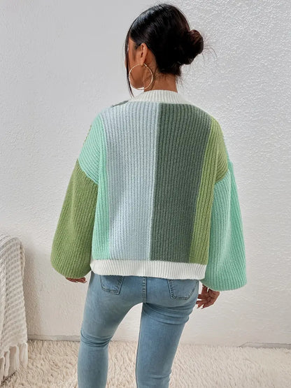 Cardigan à panneaux de couleurs contrastées et manches bouffantes pour femme | Idéal pour l’automne et les occasions décontractées