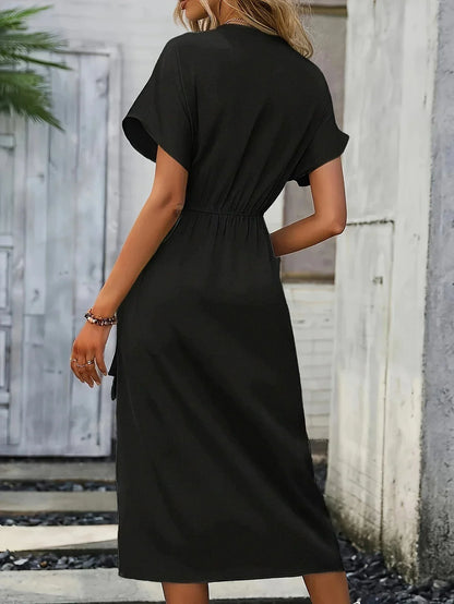 Robe Midi Portefeuille avec Décolleté en V et Manches Courtes à Volants pour Femme | Idéale pour le Quotidien et les Sorties