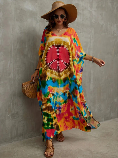 Caftan Long Coloré avec Motif Peace pour Femme | Idéal pour l’Été