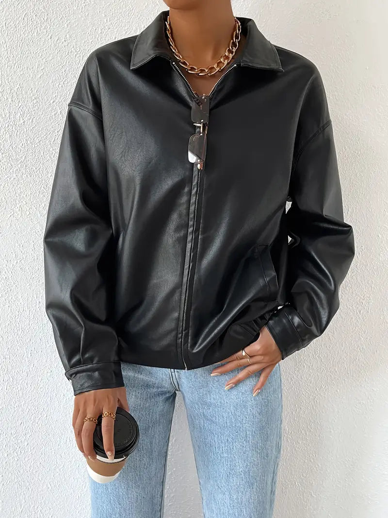 Veste À Effet Cuir Avec Fermeture Zippée Et Col Chemise Pour Femme | Idéale Pour Les Sorties Urbaines Et La Mi-Saison
