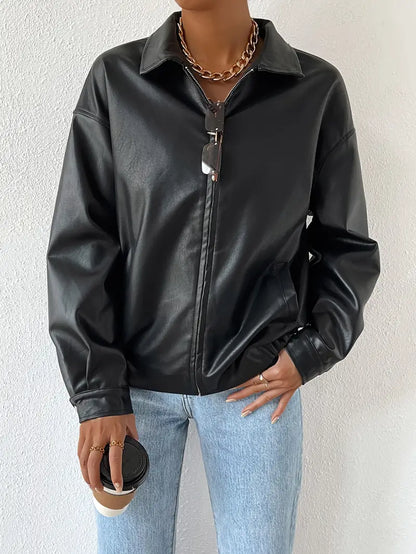 Veste À Effet Cuir Avec Fermeture Zippée Et Col Chemise Pour Femme | Idéale Pour Les Sorties Urbaines Et La Mi-Saison