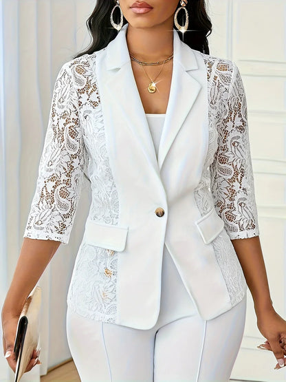 Blazer Blanc à Manches 3/4 en Dentelle avec Bouton Doré pour Femmes | Ideal for Mi-Saison et Usage Quotidien