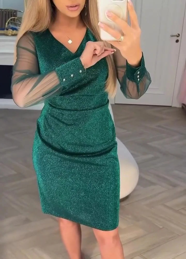 Robe Midi Patchwork À Col V Et Manches Longues Pour Femme | Idéal Pour Usage Quotidien Et Occasions
