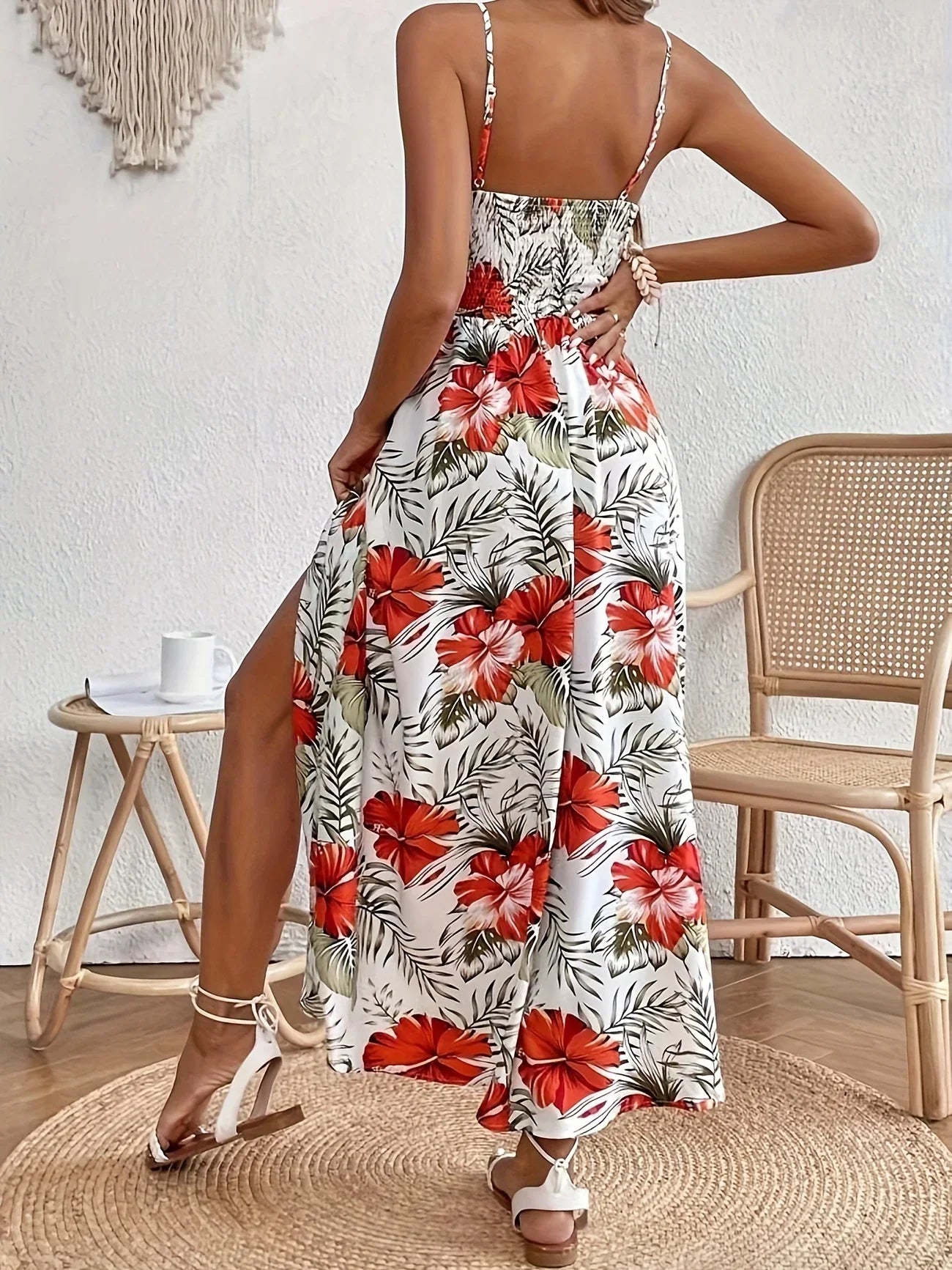 Robe Longue À Fines Bretelles Avec Imprimé Floral Et Fente Latérale Pour Femmes | Idéal Pour Été Et Vacances